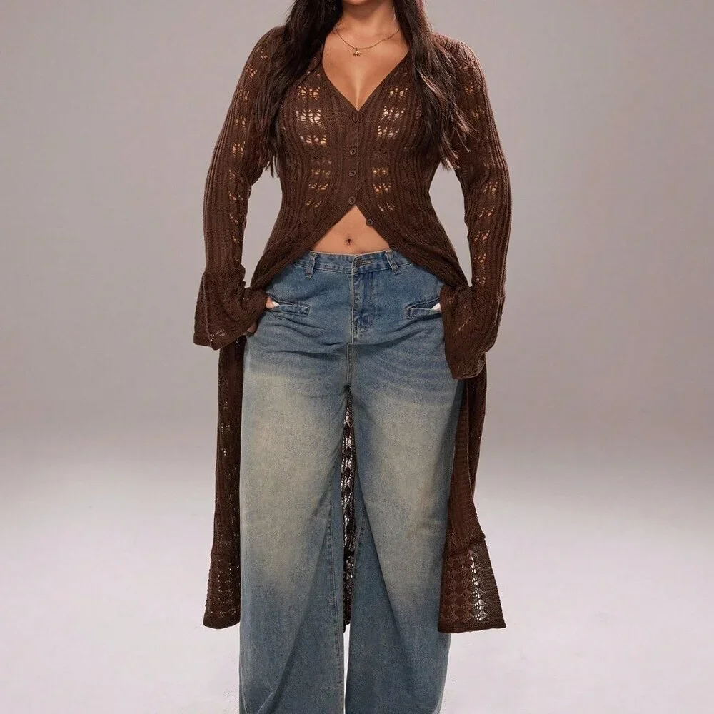 Coffee Brown Casual Women's Long Cardigan - Picture 4 of 7